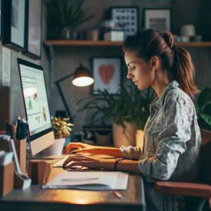 une femme consultant web analytics analyse des données web depuis son ordinateur